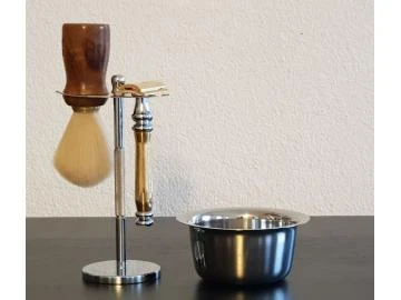 Rasier Set mit Pinsel braun und Halter, gold